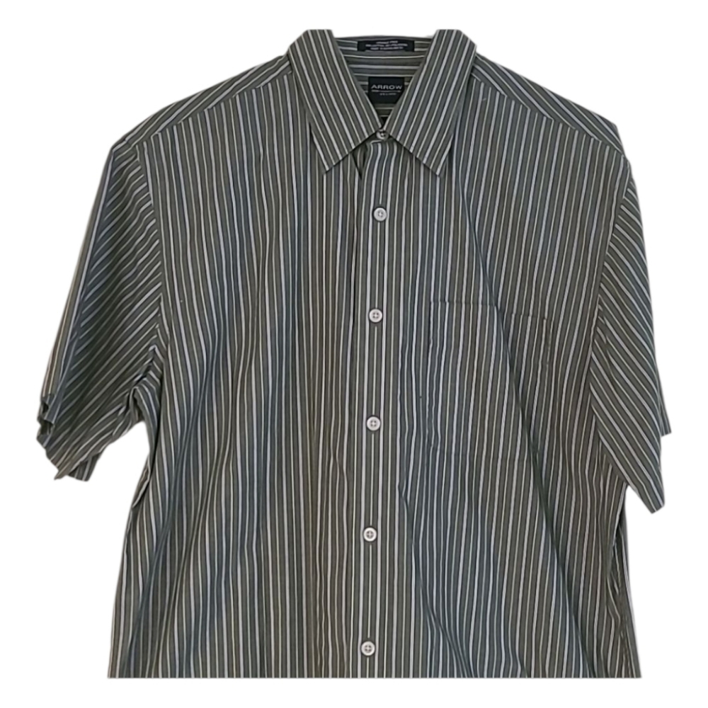 Arrow Men' Green and White Striped Button Down Shirt Medium